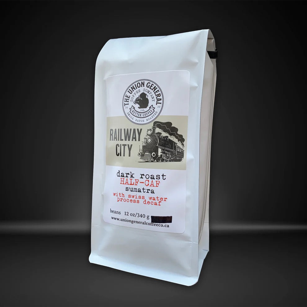 Railway City - Half-Caf - Dark - Swiss Water Process and Sumatra - half the caffeine with the fullness of a dark coffee